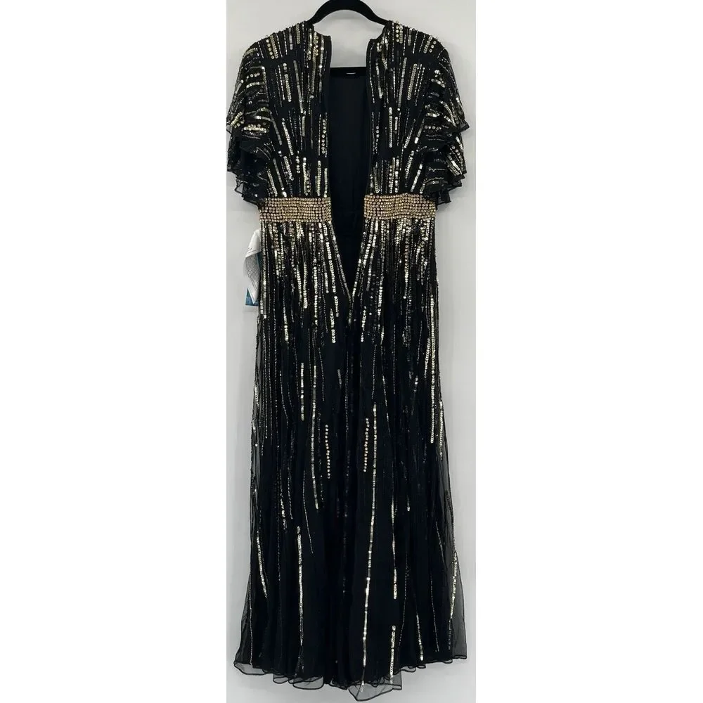 Mac Duggal 93582‎ Flare Sleeve Embellished Dress Black Gold Cap Sleeve - flaws - Picture 8 of 11